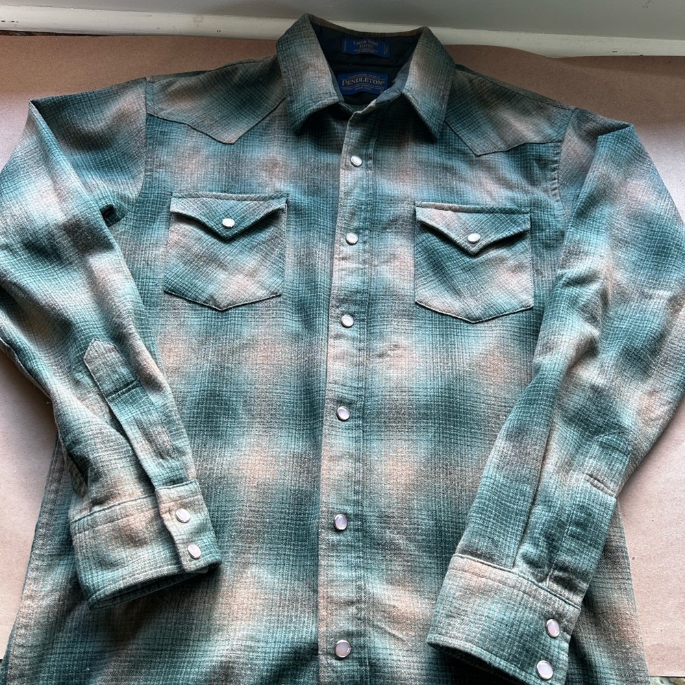 Pendleton Blue and Green Wool Blend Shirt pearl buttons